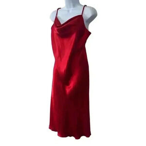 VTG 90s Bebe Red Satin Midi Slip Dress M Spaghetti Straps Cowl Neck Lingerie